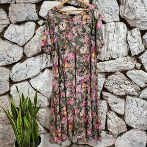 VINTAGE Grannycore Maxi Dress Her Style Button Crinkle Prairie Women's L